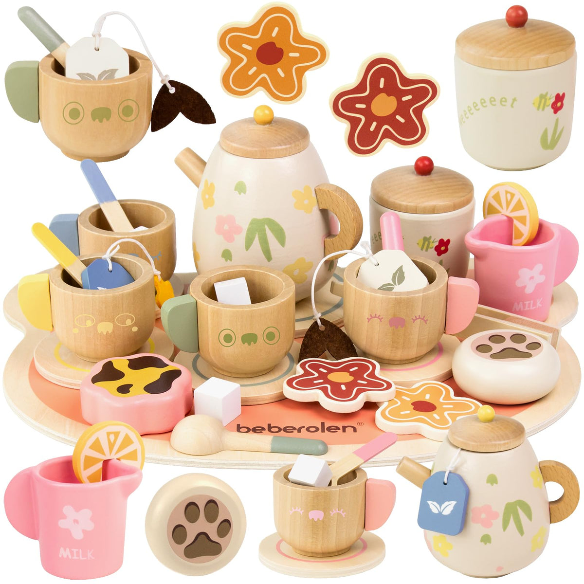 Beberolen Tea Party Set teapot for toddlers with safe wooden design for imaginative play