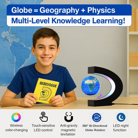 BEBEVOGUE globe floats and rotates 360° to showcase world geography
