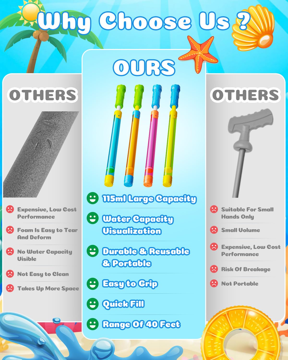 Lightweight, portable water gun for beach and park trips.