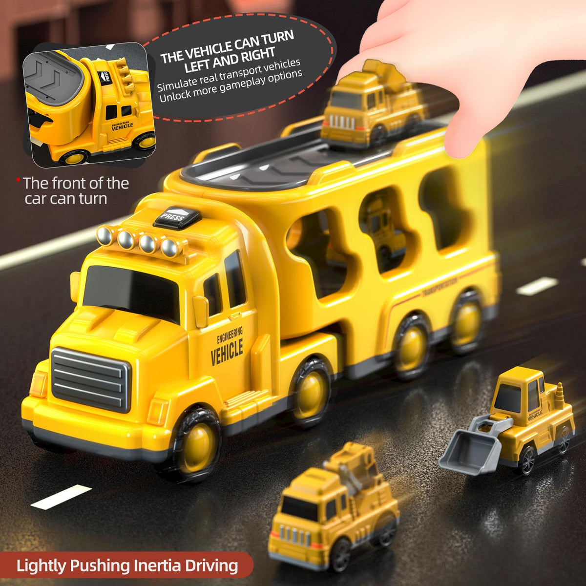 Beby Buty bulldozer truck action shot encourages pushing and rearranging