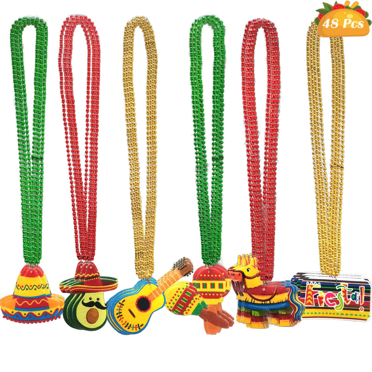 Becfupo 48-pcs fiesta beads necklaces in bright colors add festive flair to Cinco de Mayo looks.