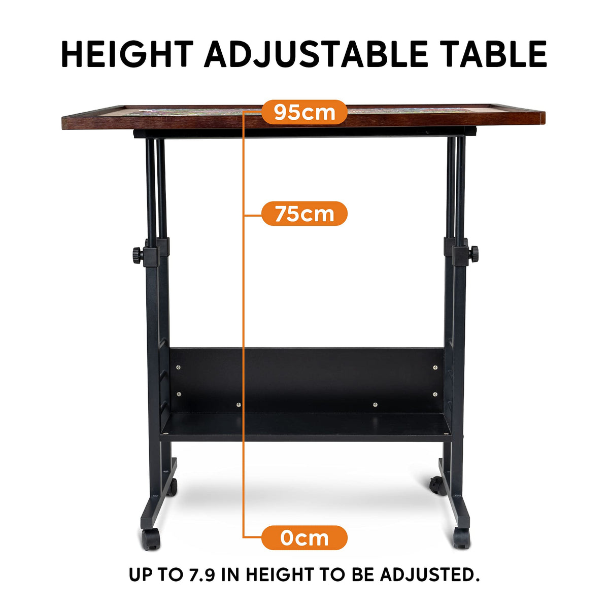 Becko US height-adjusted puzzle table demonstrates range 29.5 to 37.4 inches.