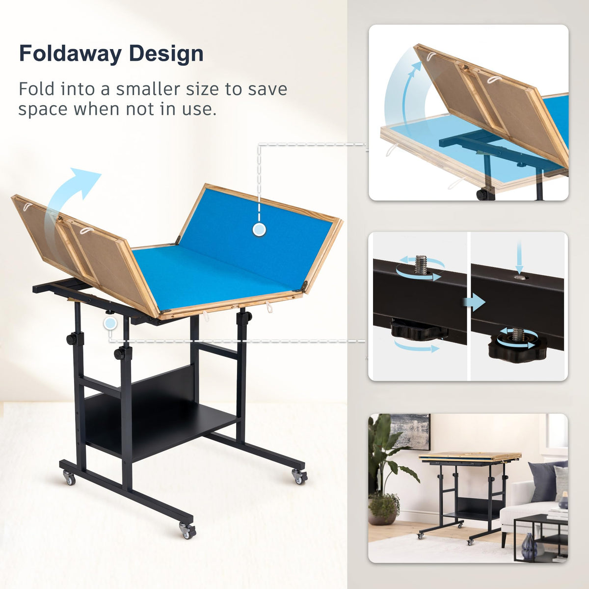 Becko US height-adjustable puzzle table matches chair height for ergonomic puzzling.