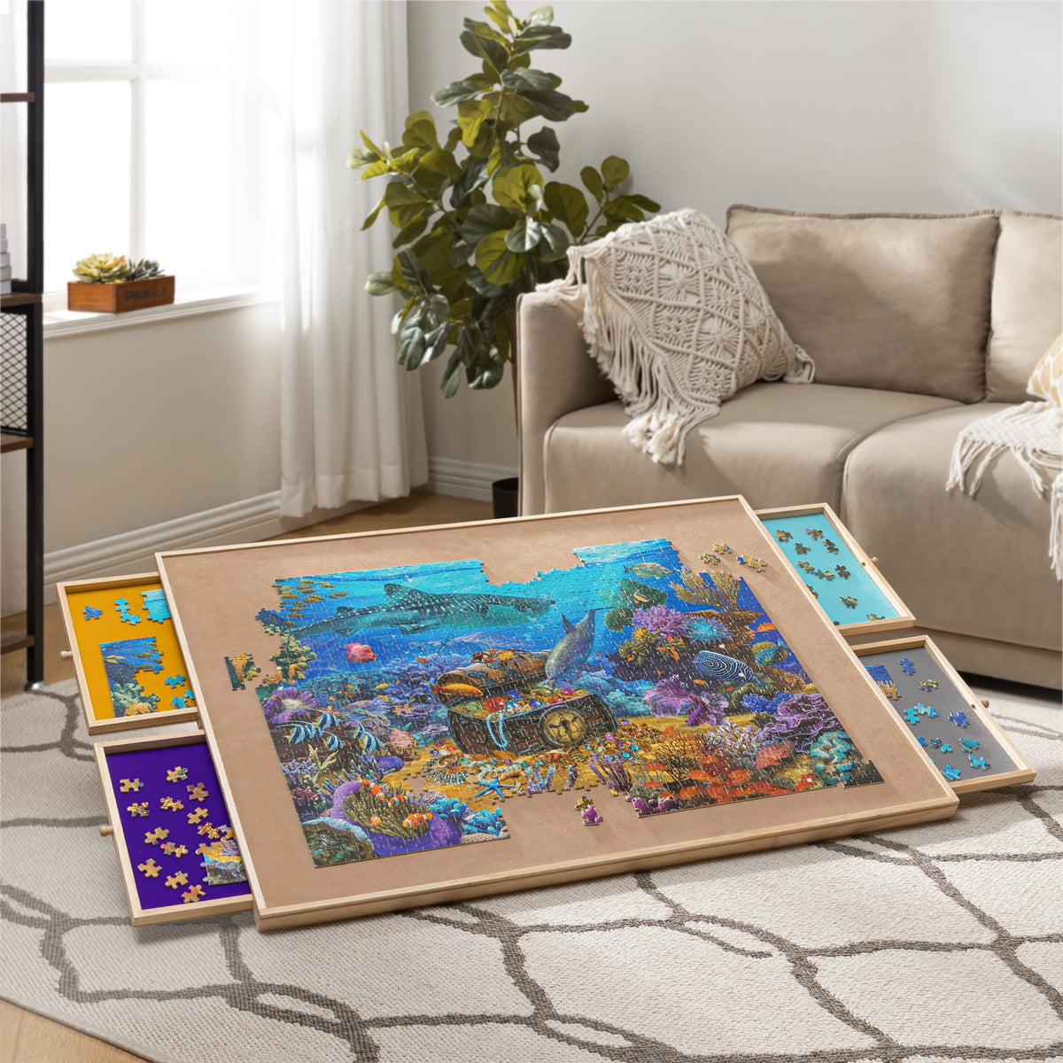 Becko US portable puzzle table that stores neatly under furniture when not used.