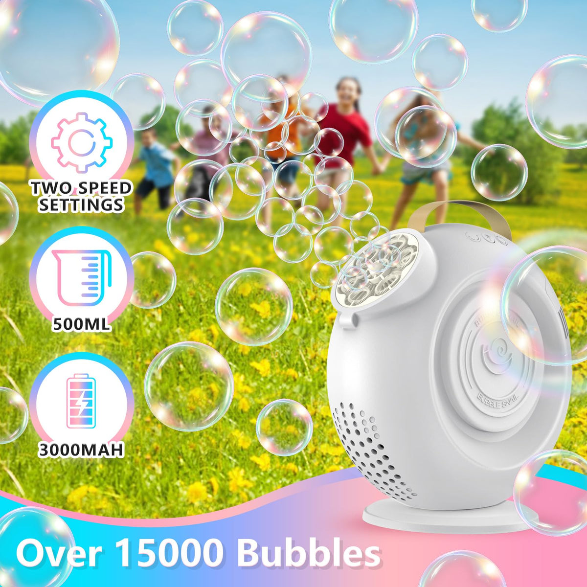 BEDAIL Bubble Machine rotation and LED lights create magical ambience for outdoor parties.