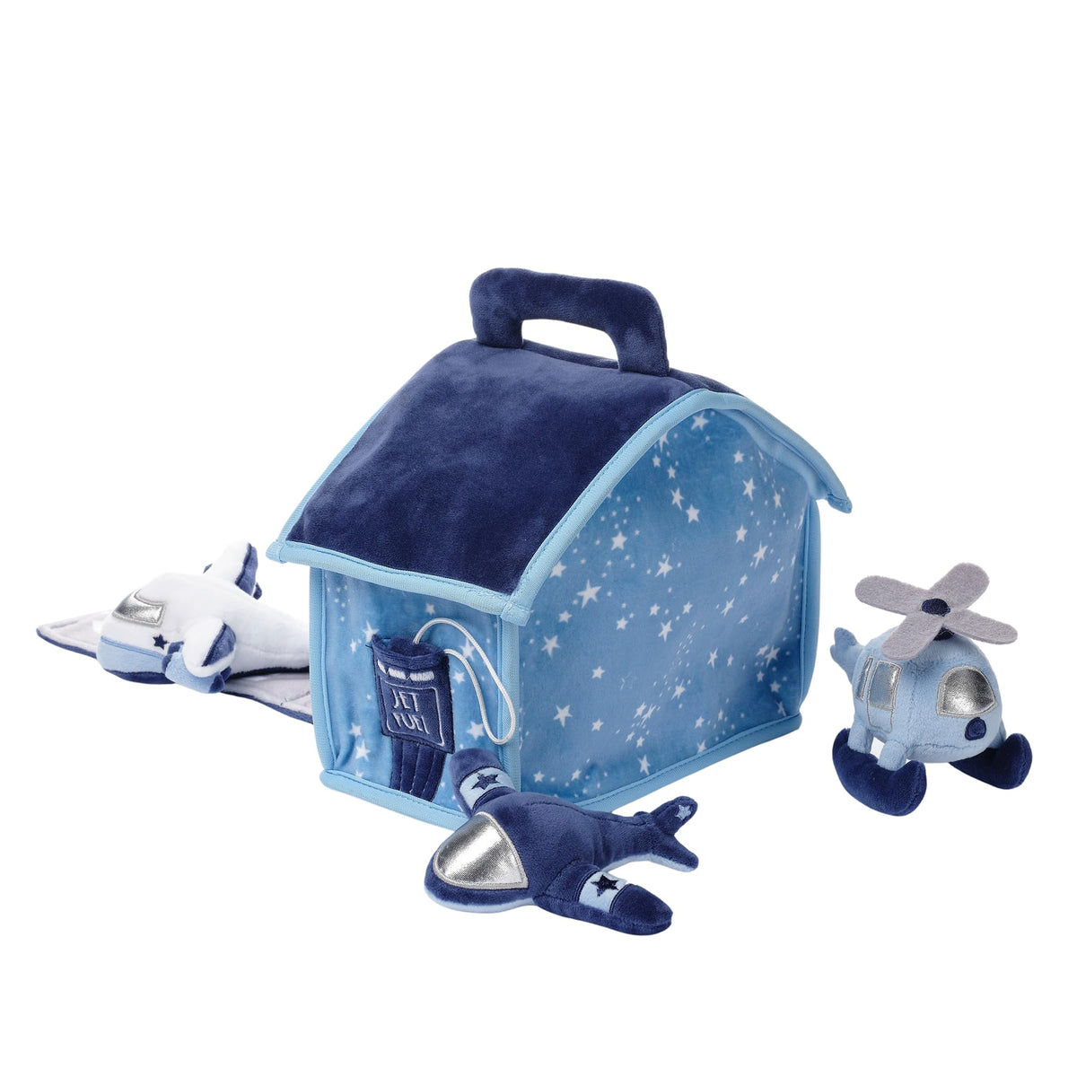 Bedtime Originals airport helicopter with felt blades supports open-ended play.