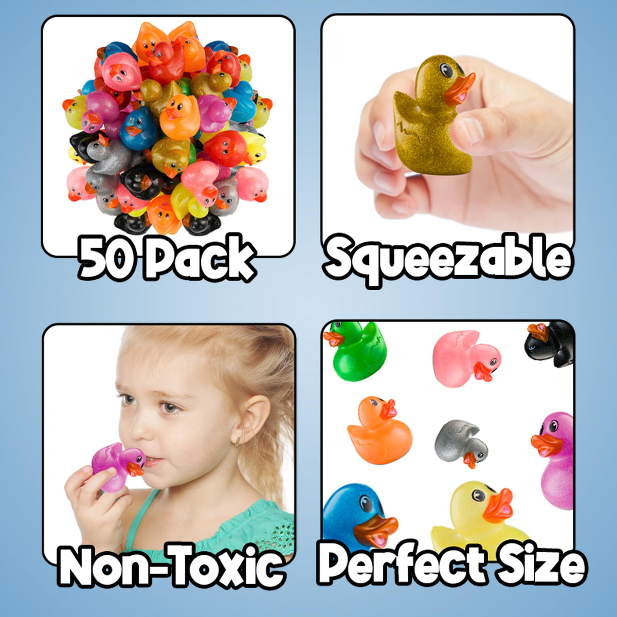 Bedwina glitter ducks float during bath time for little hands.