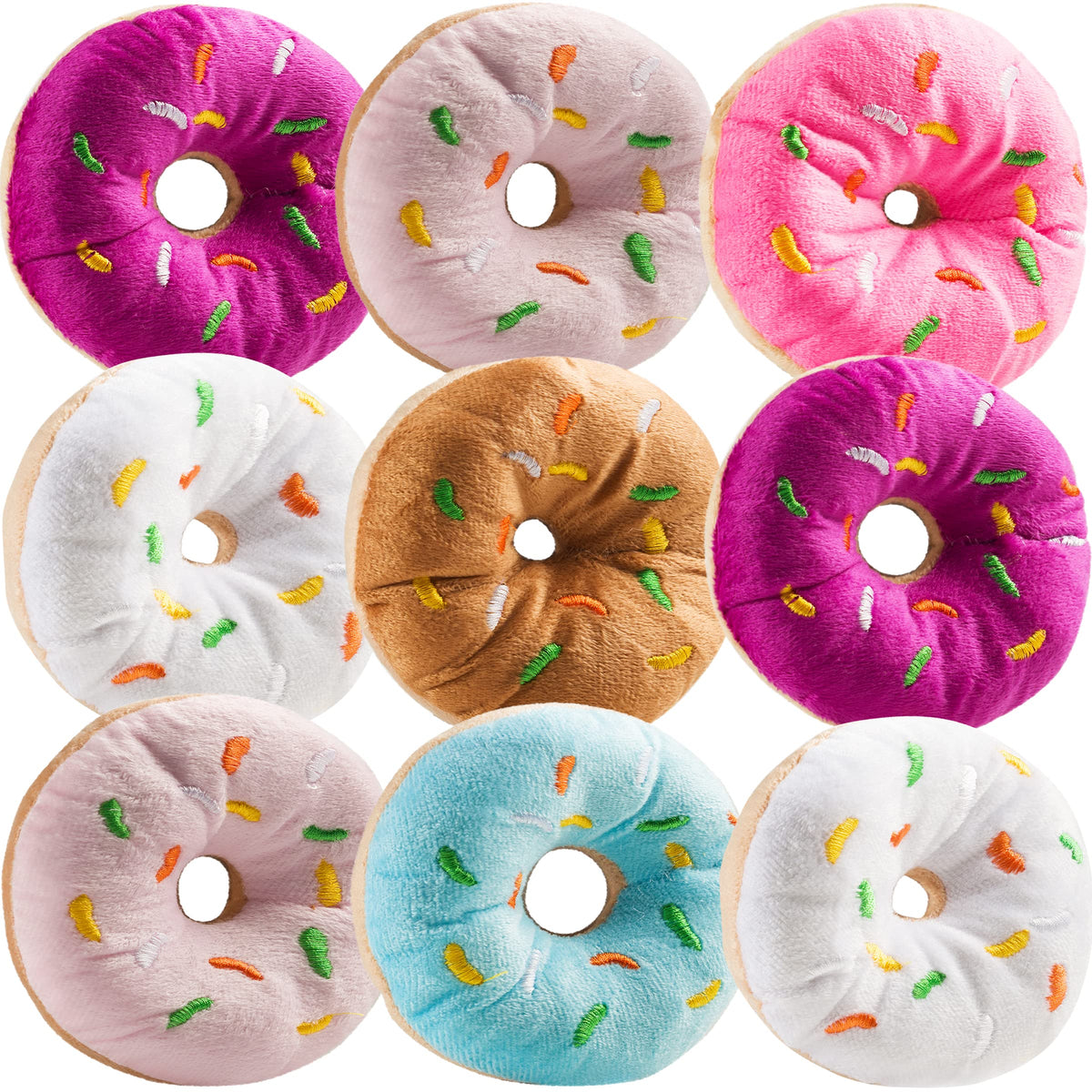 Bedwina plush donuts sprinkles 12-pack front view for party decor and favors