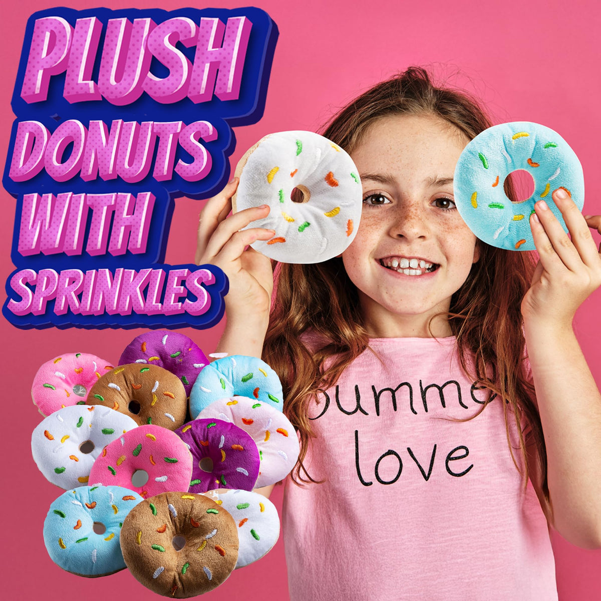 Bedwina plush donuts on display for donut-themed party favors
