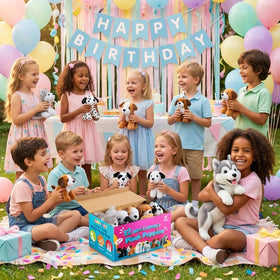 Bedwina plush puppy dogs in gray-spotted style for colorful party favors.