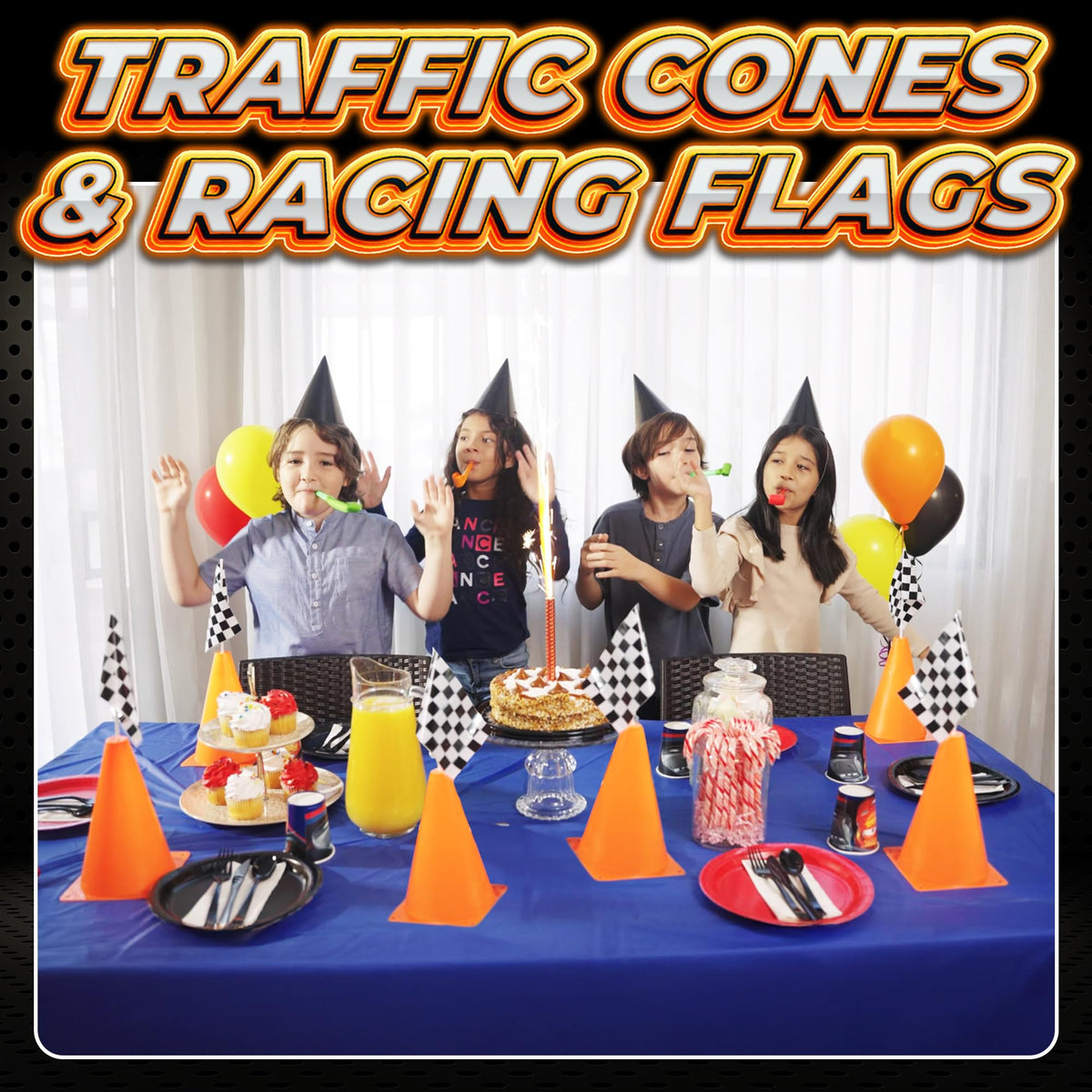 Bedwina finish-line setup using orange cones and flags for racing vibes.