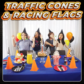 Bedwina finish-line setup using orange cones and flags for racing vibes.