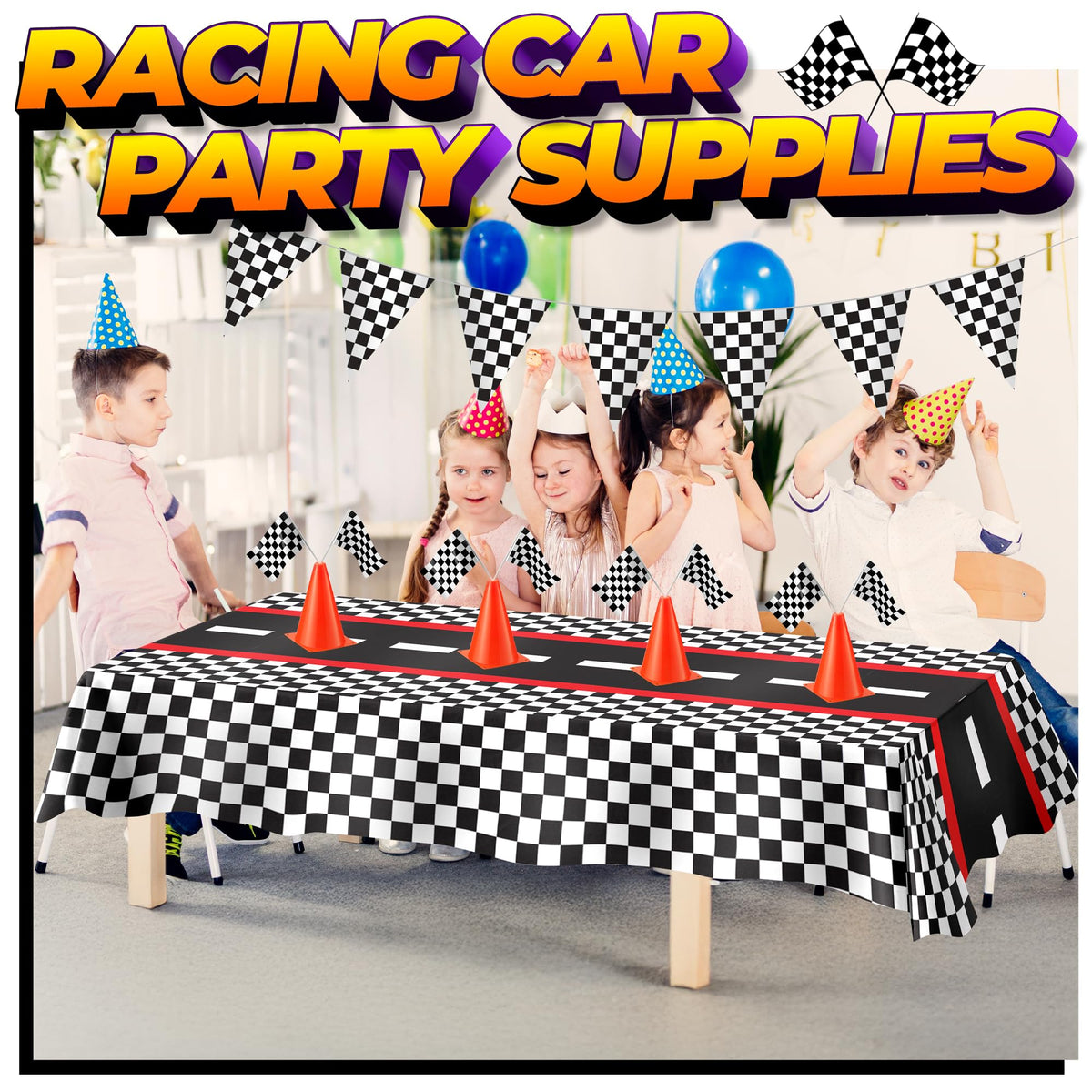 Bedwina racing cars checkered flags on sticks reinforce finish-line energy
