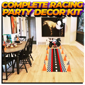 Bedwina racing cars finish-line setup with cones and flags for activities