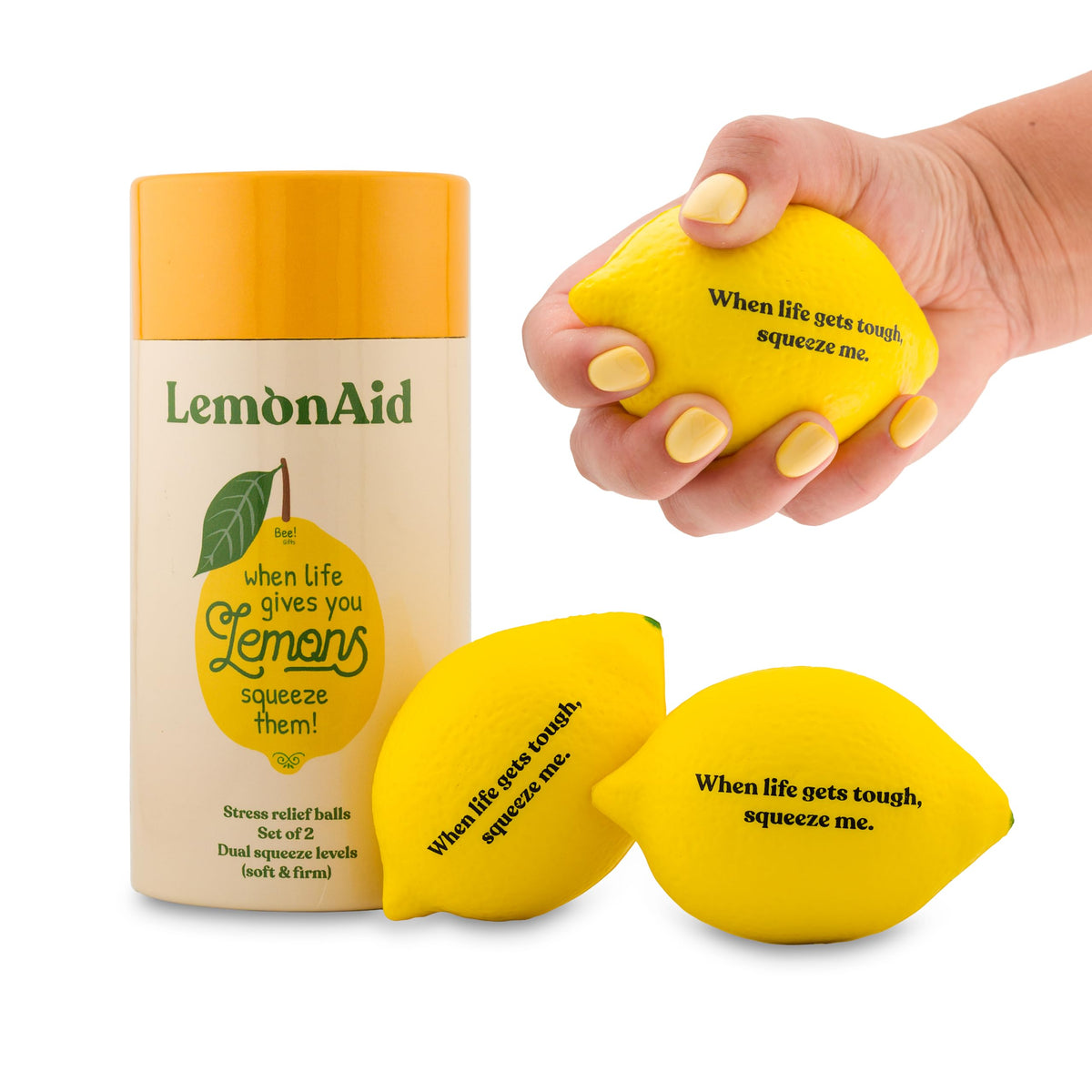 Bee LemonAid stress ball in lemon shape for quick calm moments.