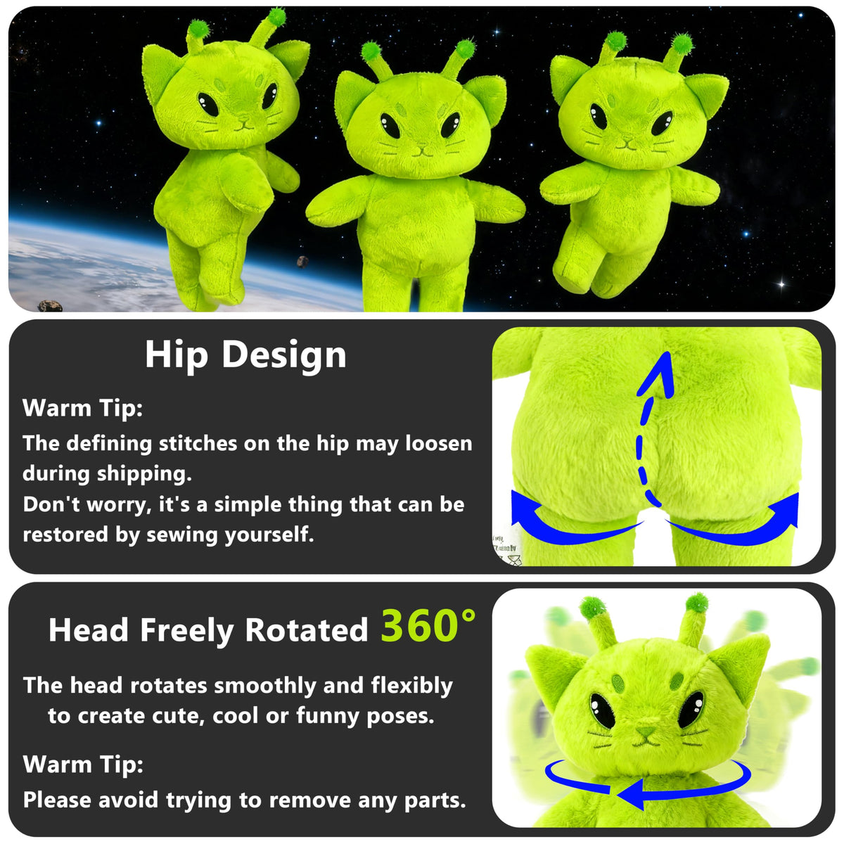 Beeadore Alien Cat Plush dimensions show a compact 25 cm size.