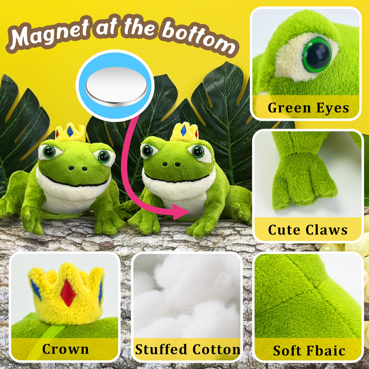 Beeadore frog plush with metal sheet enables secure clothing attachment.