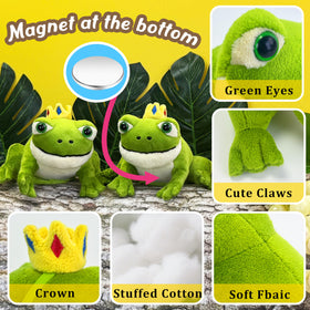Beeadore frog plush with metal sheet enables secure clothing attachment.