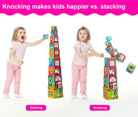 Beeqoo cardboard learning cubes showing ABCs and numbers for early literacy and numeracy.