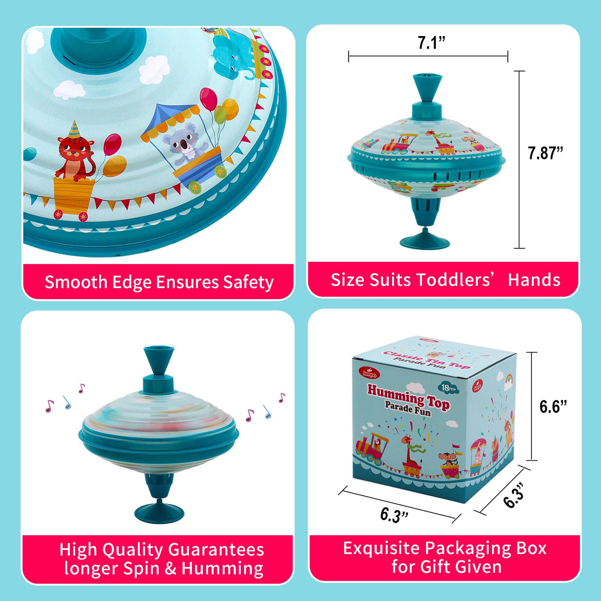 Beeqoo Humming Top tin-and-plastic construction ensures durable, long-lasting fun.