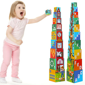 Beeqoo nesting blocks for toddlers with colorful ABCs and numbers for early learning.