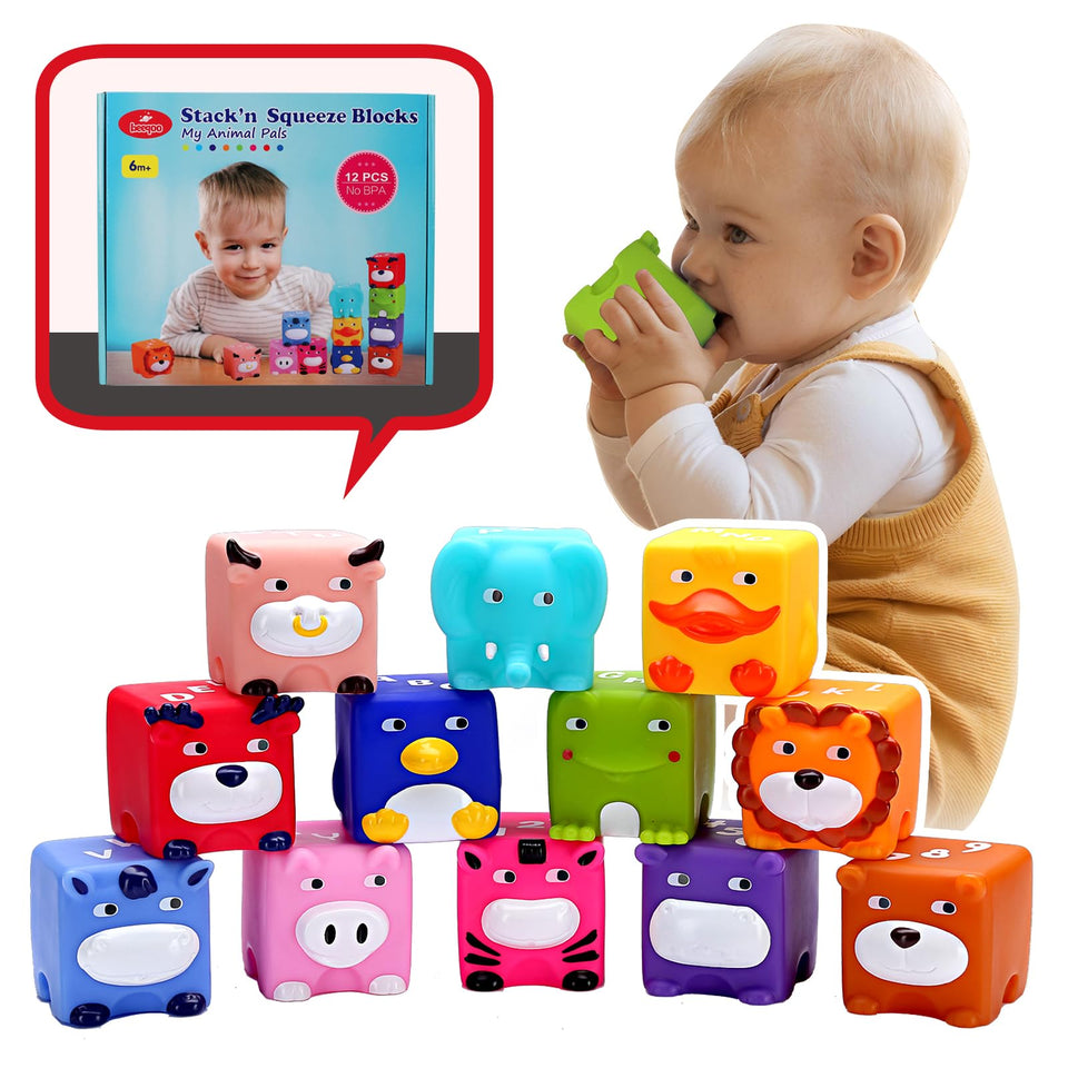 Beeqoo Soft Baby Blocks animal cubes encourage stacking and teething exploration.