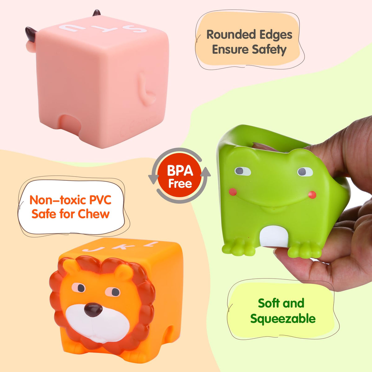 Beeqoo Soft Baby Blocks are BPA-free PVC for gentle mouthing.