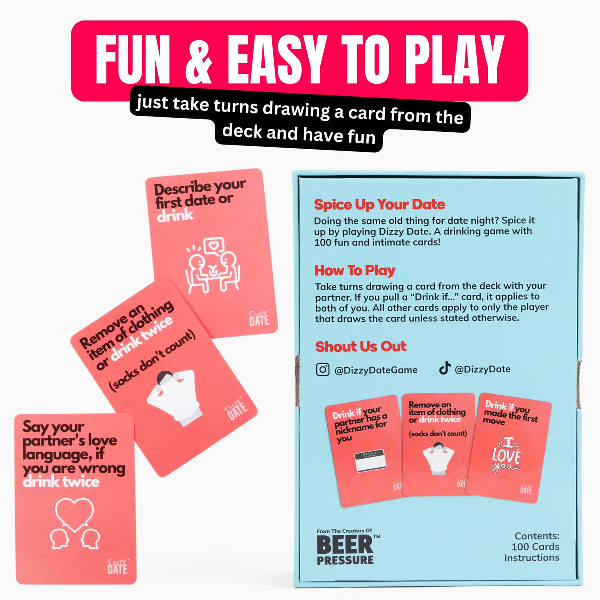 Beer Pressure Dizzy Date pack features 100 unique prompts for couples