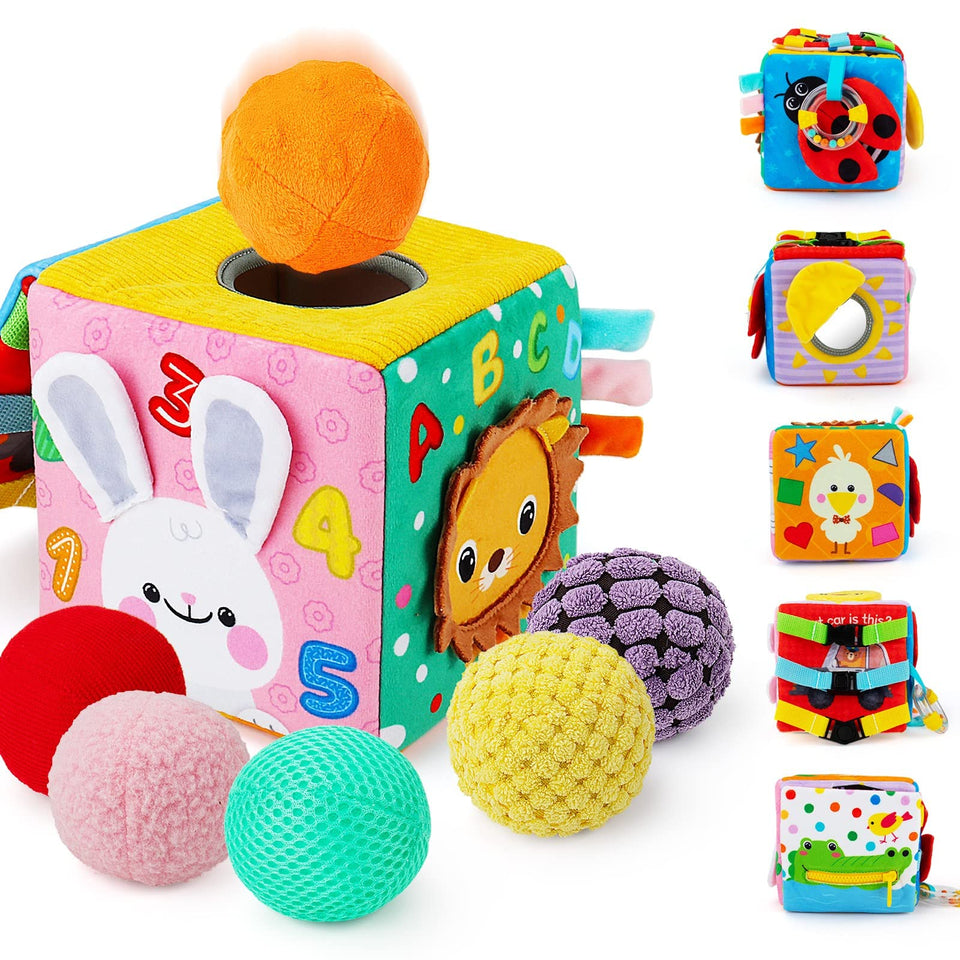 Beetoy Sensory Busy Cube front view with bright colors to spark exploration