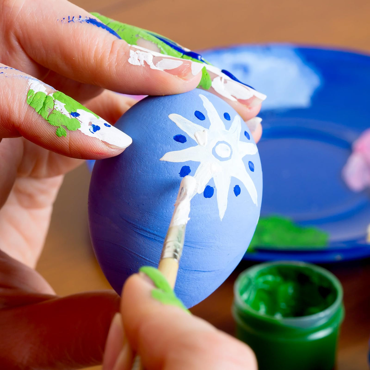 Beeveer Easter decorating scene with eggs and craft setup