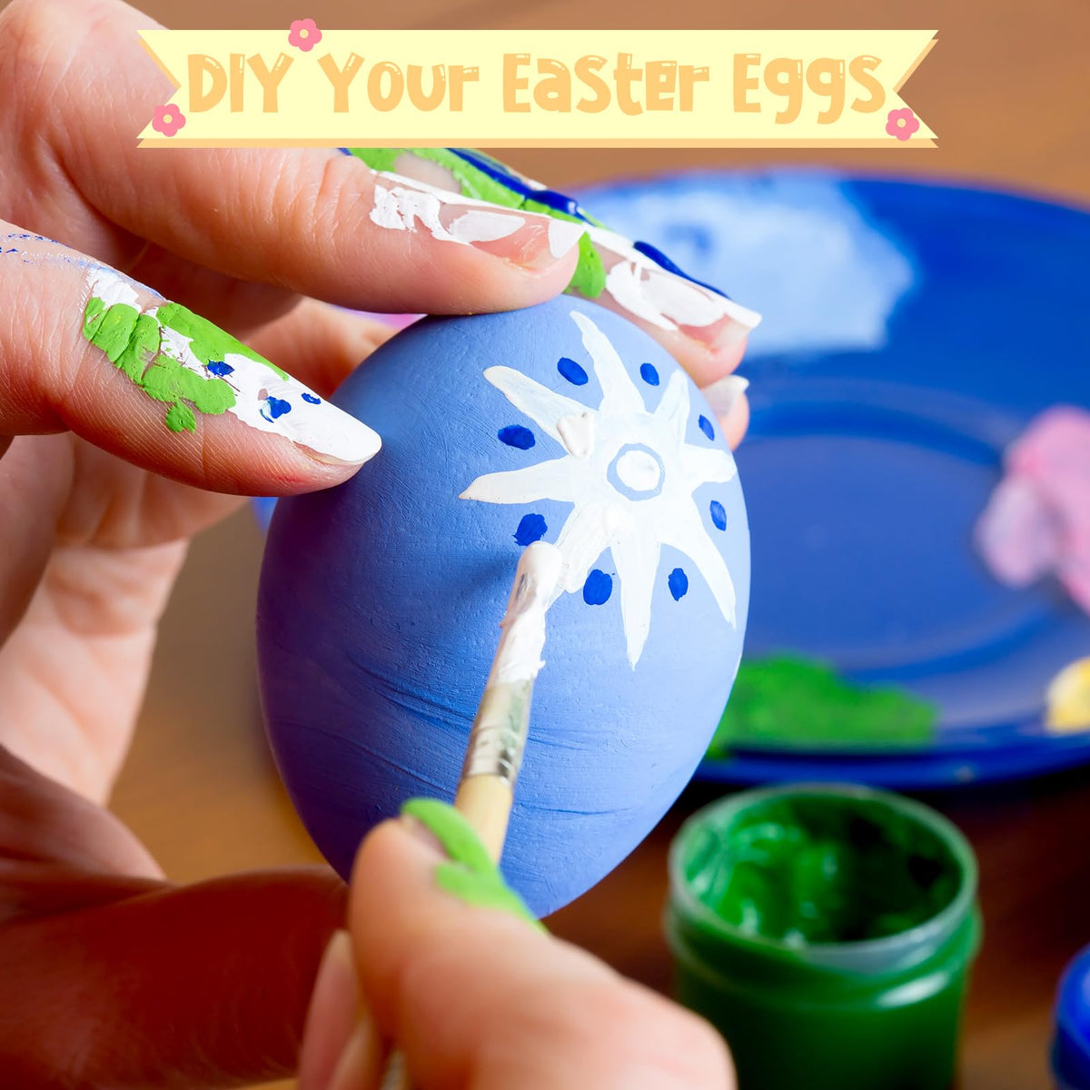 Beeveer Easter color kit featuring white and wood eggs for DIY decorations.