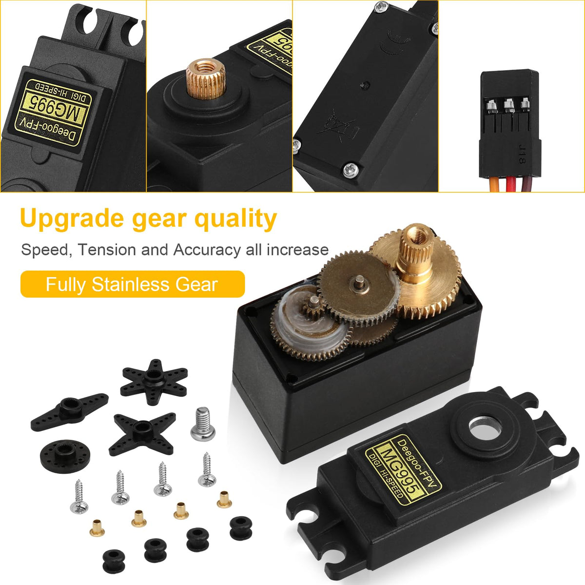 MG995 servo metal gears close-up highlighting durable torque for demanding builds
