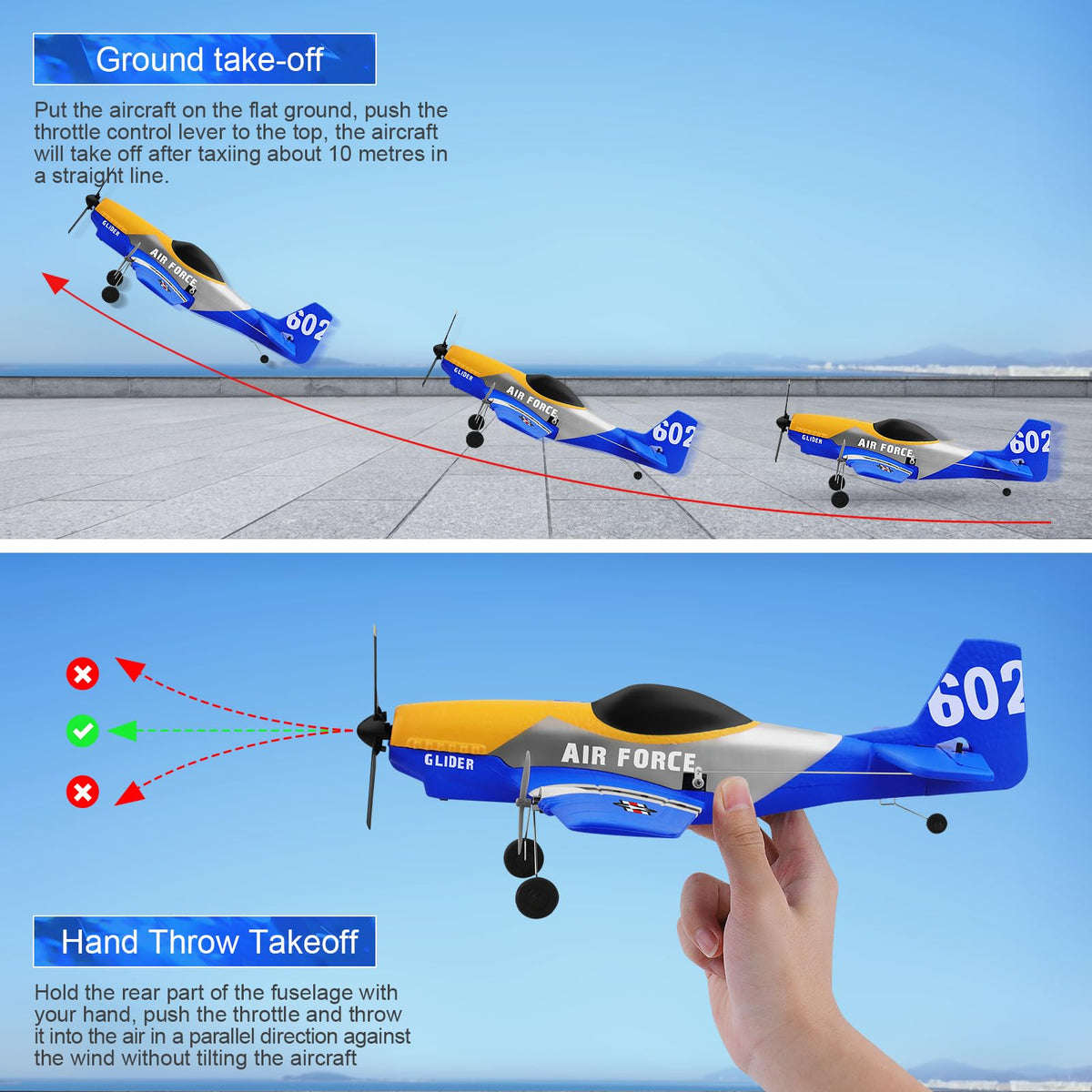 Beffkkip hand-throw takeoff demonstrates quick, easy starts for new pilots.