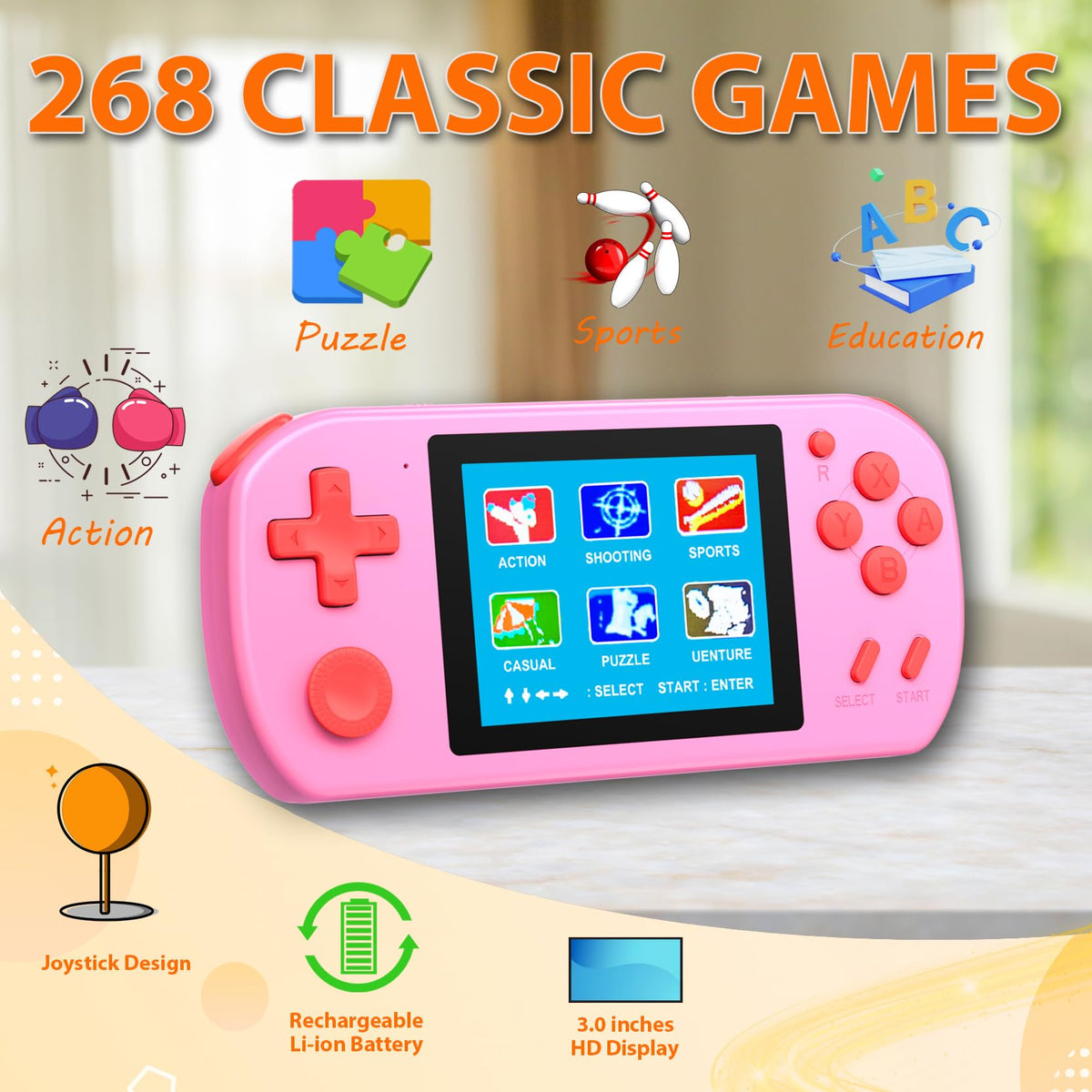 Beico 3.0-inch color screen pink handheld for quick gaming sessions