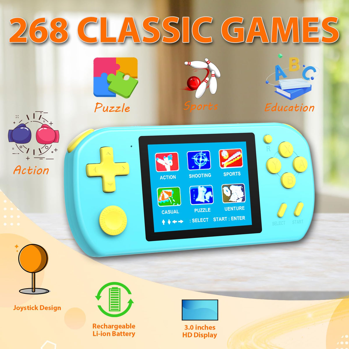 Beico handheld with a 3-inch color screen delivers crisp retro visuals.