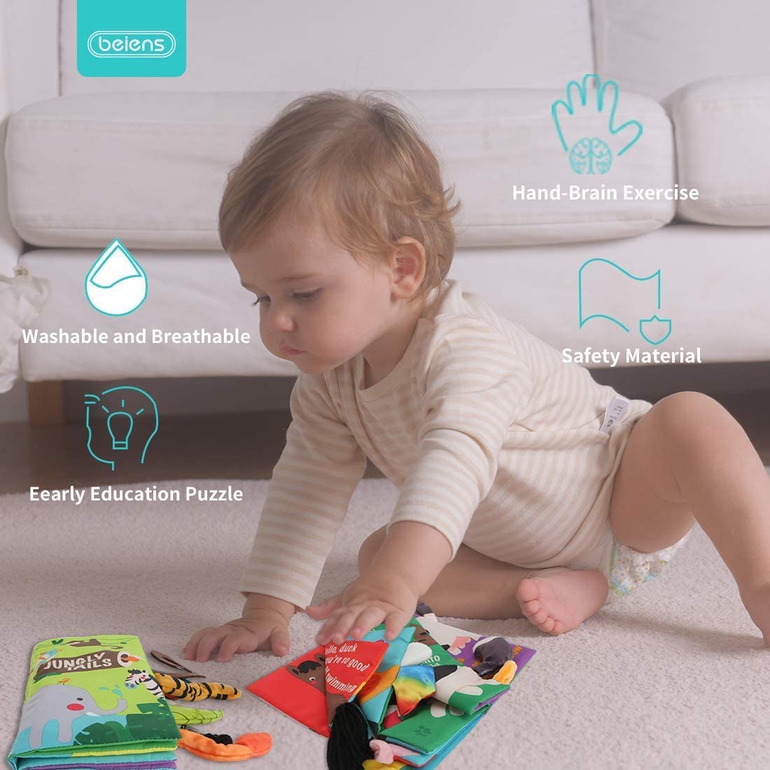 Beiens cloth books support early language and imaginative play.