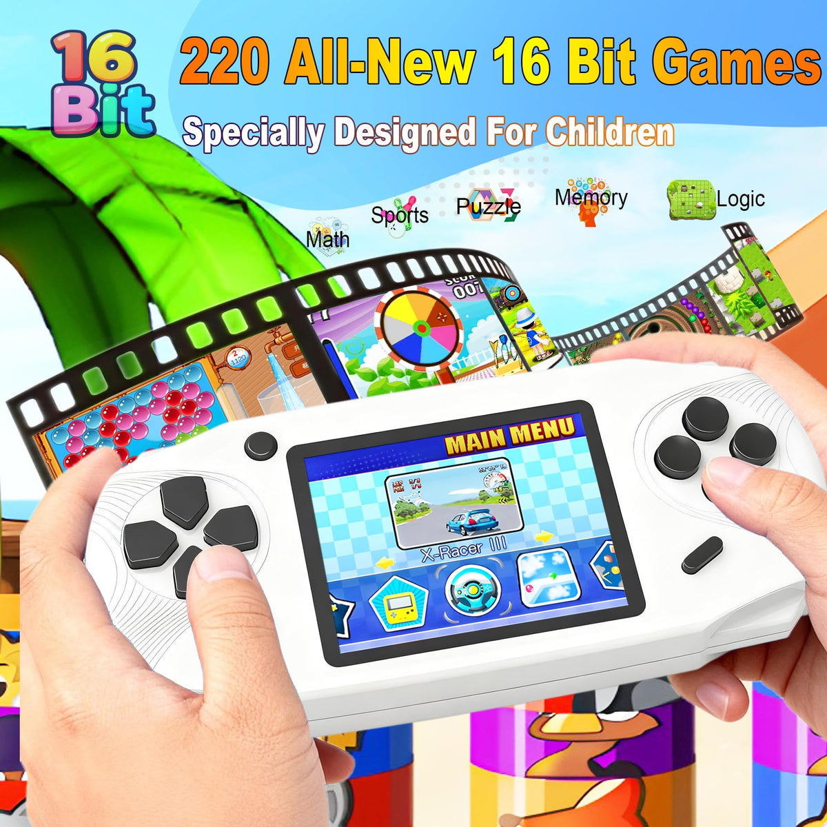 Beijue 16-bit handheld console screen emphasis on crisp 3.0-inch display with vibrant visuals.