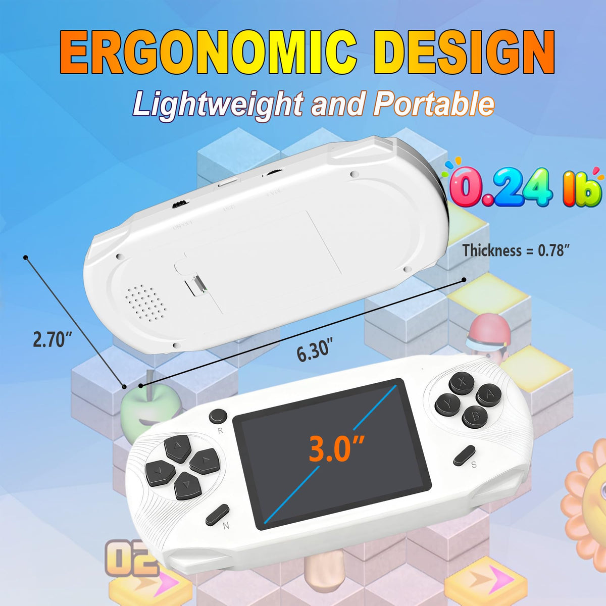 Beijue 16-bit handheld console USB-C port for quick charging on the go.