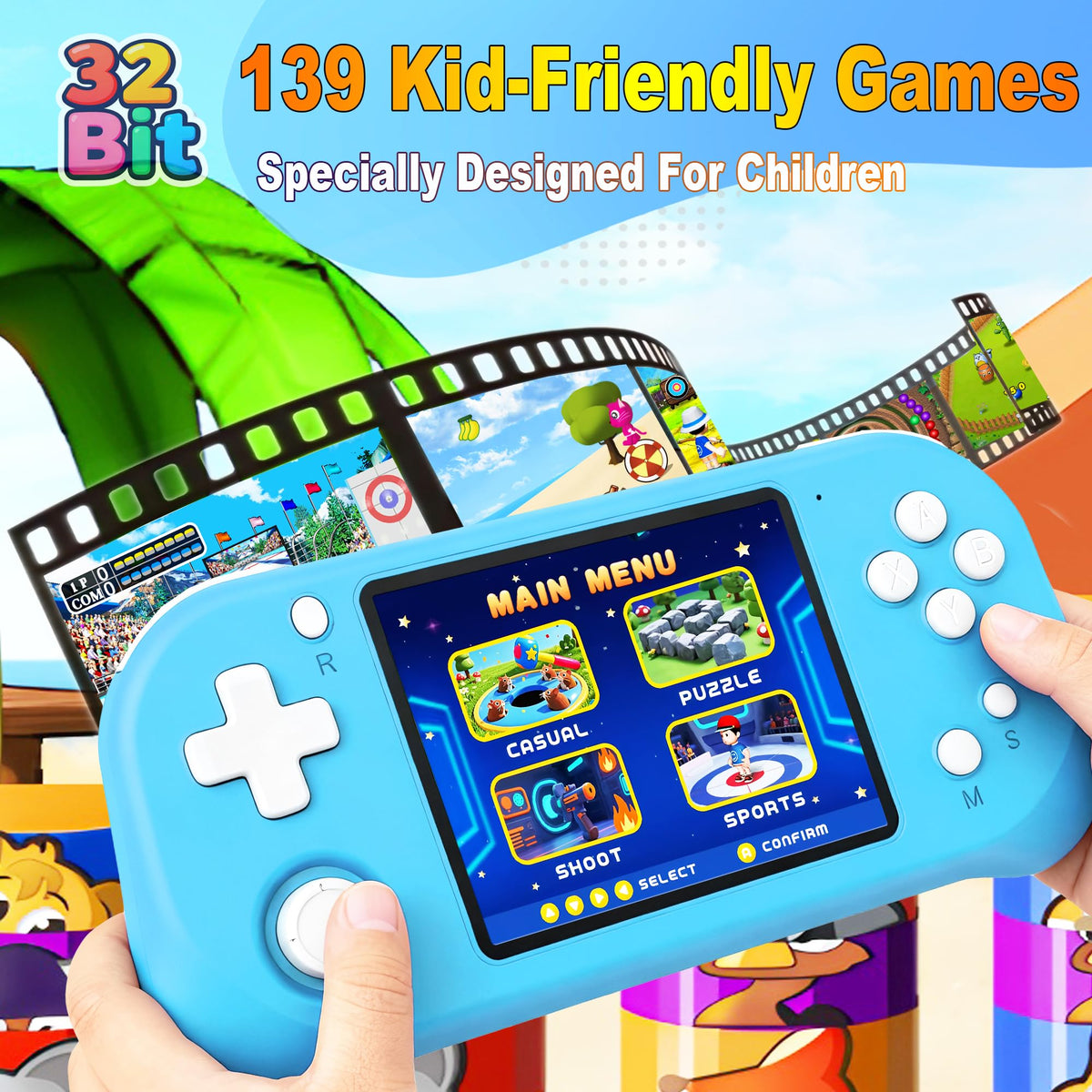 Beijue device with 139 preloaded games for kids and teens