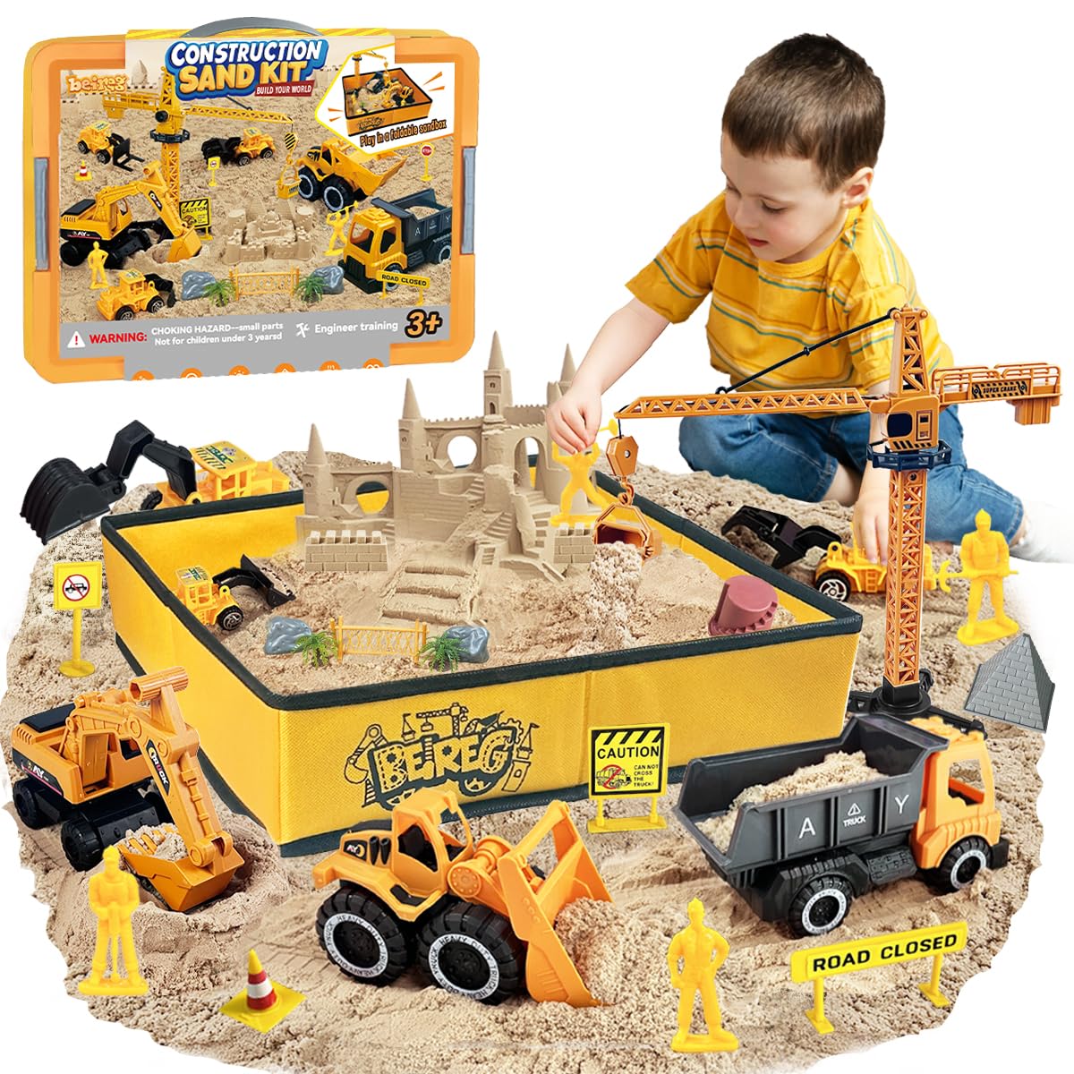 BEIREG Construction Sensory Sand Kit contents shown, enabling tactile exploration and imaginative construction play.