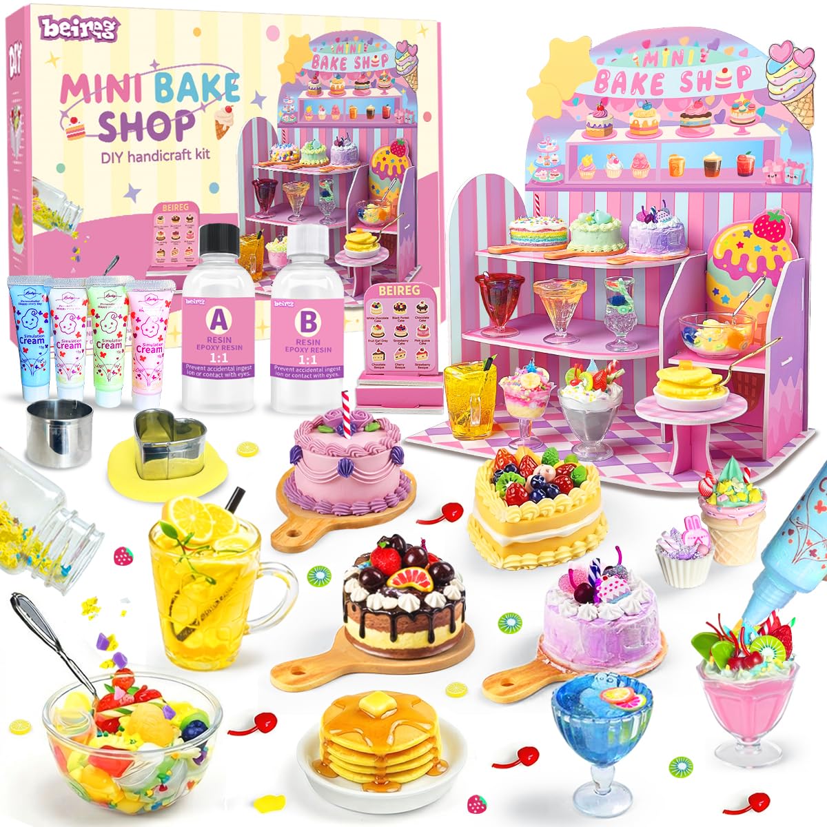 BEIREG Mini Bake Shop pink bakery backdrop enhances display of tiny desserts.