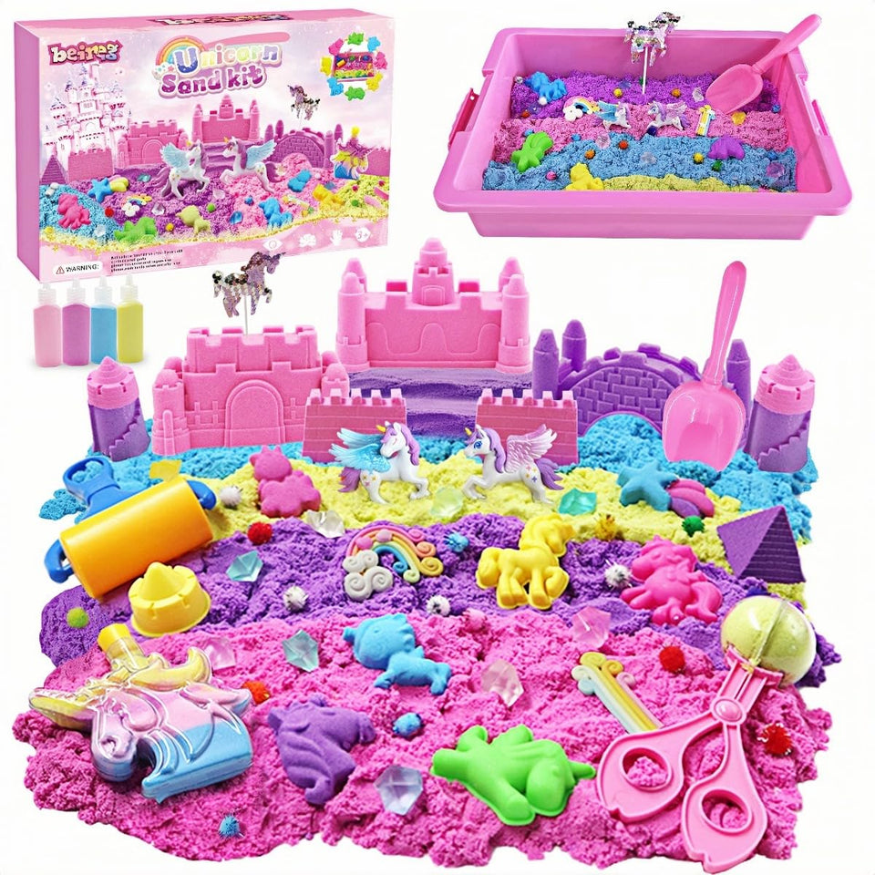 BEIREG Unicorn Sensory Bin Kit with colorful sand and molds for creative play