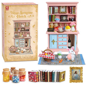 BEIREG Vintage Springtime Hutch Set main shelf display for a cozy dollhouse scene