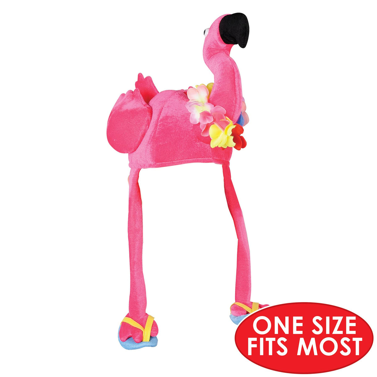 Beistle Plush Flamingo Hat back view with dangling legs for whimsy.