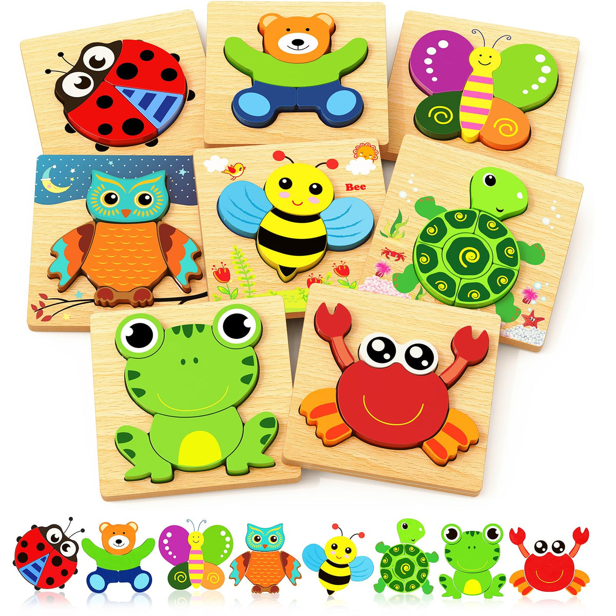 Bekayshad wooden 8-pack animal puzzles laid out for gentle hands and learning fun.