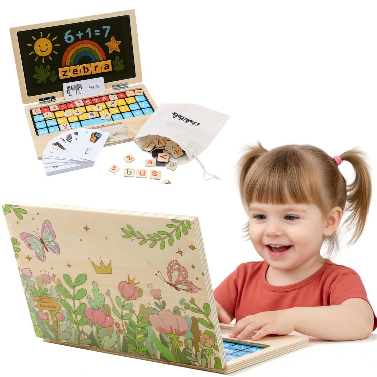BEKILOLE Montessori floral laptop front view promotes screen-free imaginative learning.