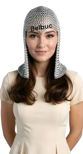 Belbuc aluminum chain mail coif hood, back view, highlights the anodized finish.