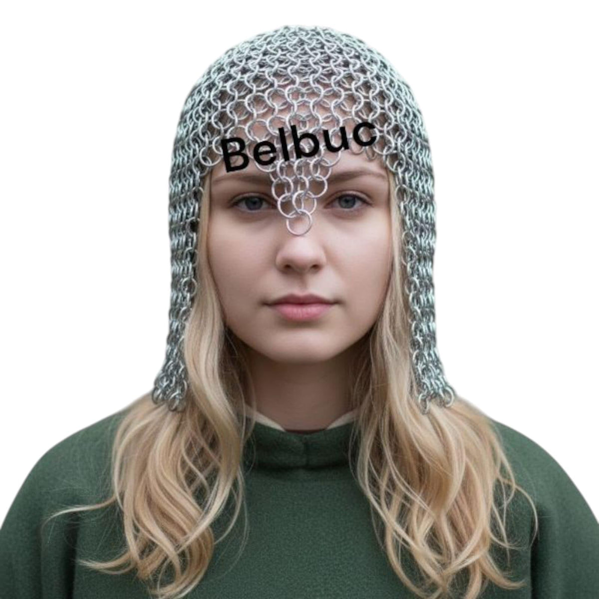 Belbuc aluminum chain mail coif hood, front view, ideal for authentic medieval cosplay and reenactments.