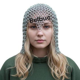Belbuc aluminum chain mail coif hood, front view, ideal for authentic medieval cosplay and reenactments.