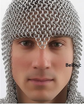 Belbuc aluminum chain mail coif hood, side view, comfortable fit for long events.